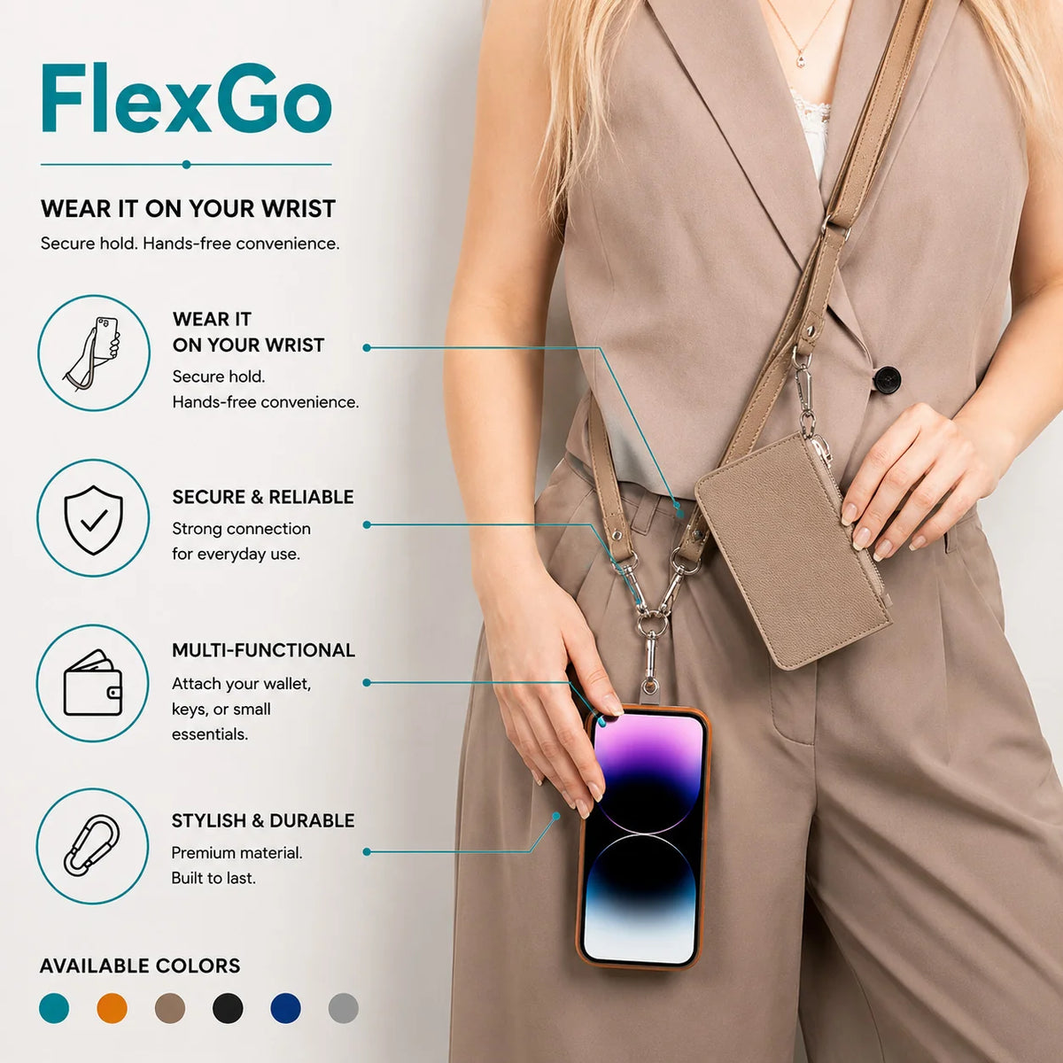 FlexGo PU Leather Phone Strap & Wallet Set – Clip-On Flex